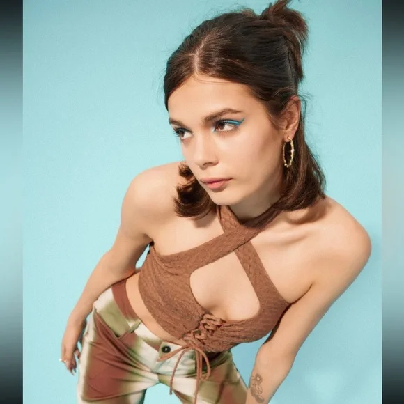 Cider Cut-Out Halter Tank Top with Corset Front + Cross Neck Tie in Brown | S - Picture 9 of 9